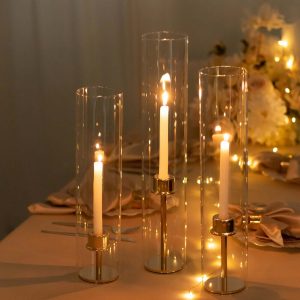 Set of 3 Glass Candle Sleeves Hurricane Shades 15", 17", 19" Clear - Versatile 3.5" Wide Pillar Candle Holders Table Centerpiece for Events